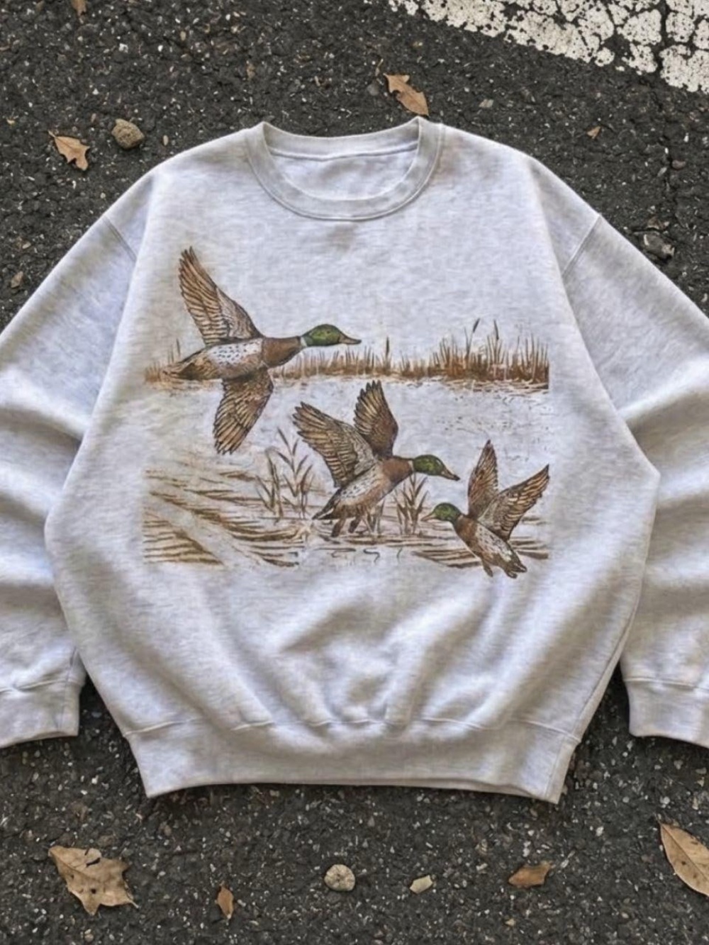 Ash Grey Flying mallard Sweatshirt with Duck Print unisex